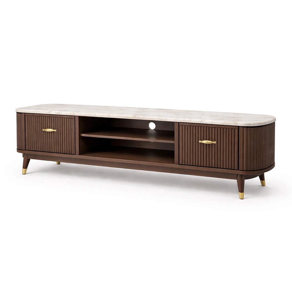 Meuble TV bois fonc avec plateau marbre et rainures-nestarao