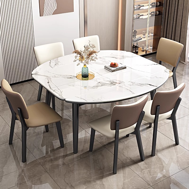 Juego de mesa de comedor rectangular plegable y extensible de lujo de madera maciza de mármol con sillas para 4 y 6 personas, muebles de cocina redondos.