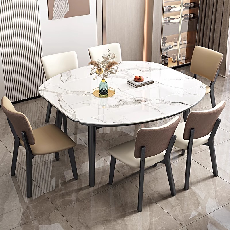 Juego de mesa de comedor rectangular plegable y extensible de lujo de madera maciza de mármol con sillas para 4 y 6 personas, muebles de cocina redondos.