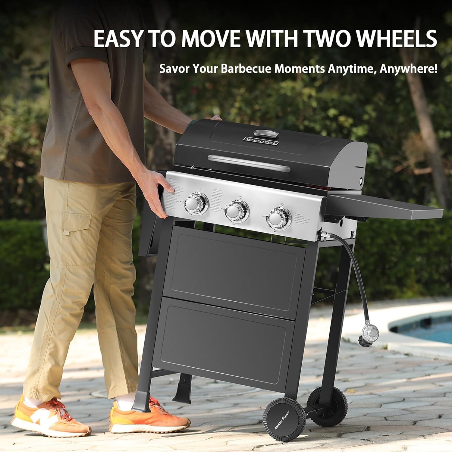 Parrilla de gas propano de 3 quemadores, acero inoxidable, 30,000 BTU, para patio, con estantes plegables