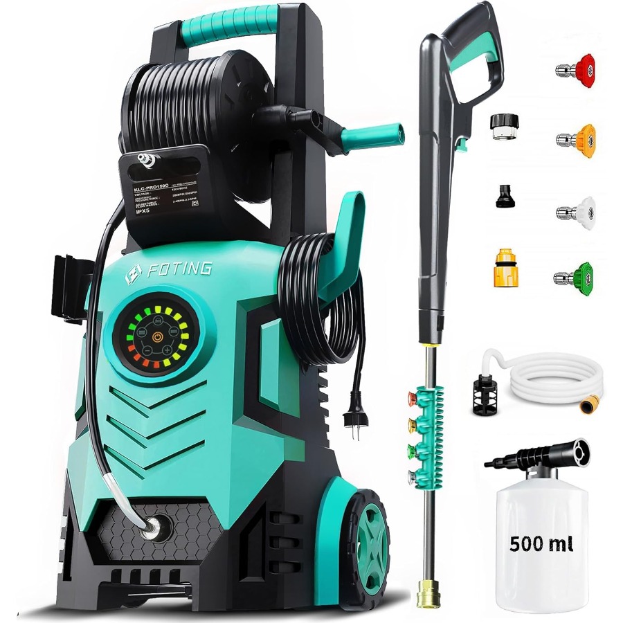 Hidrolavadora mejorada de 5000 PSI con control de pantalla táctil ajustable de 8 niveles, diseño de 34 pulgadas de alto para una limpieza eficiente de cercas de automóviles.