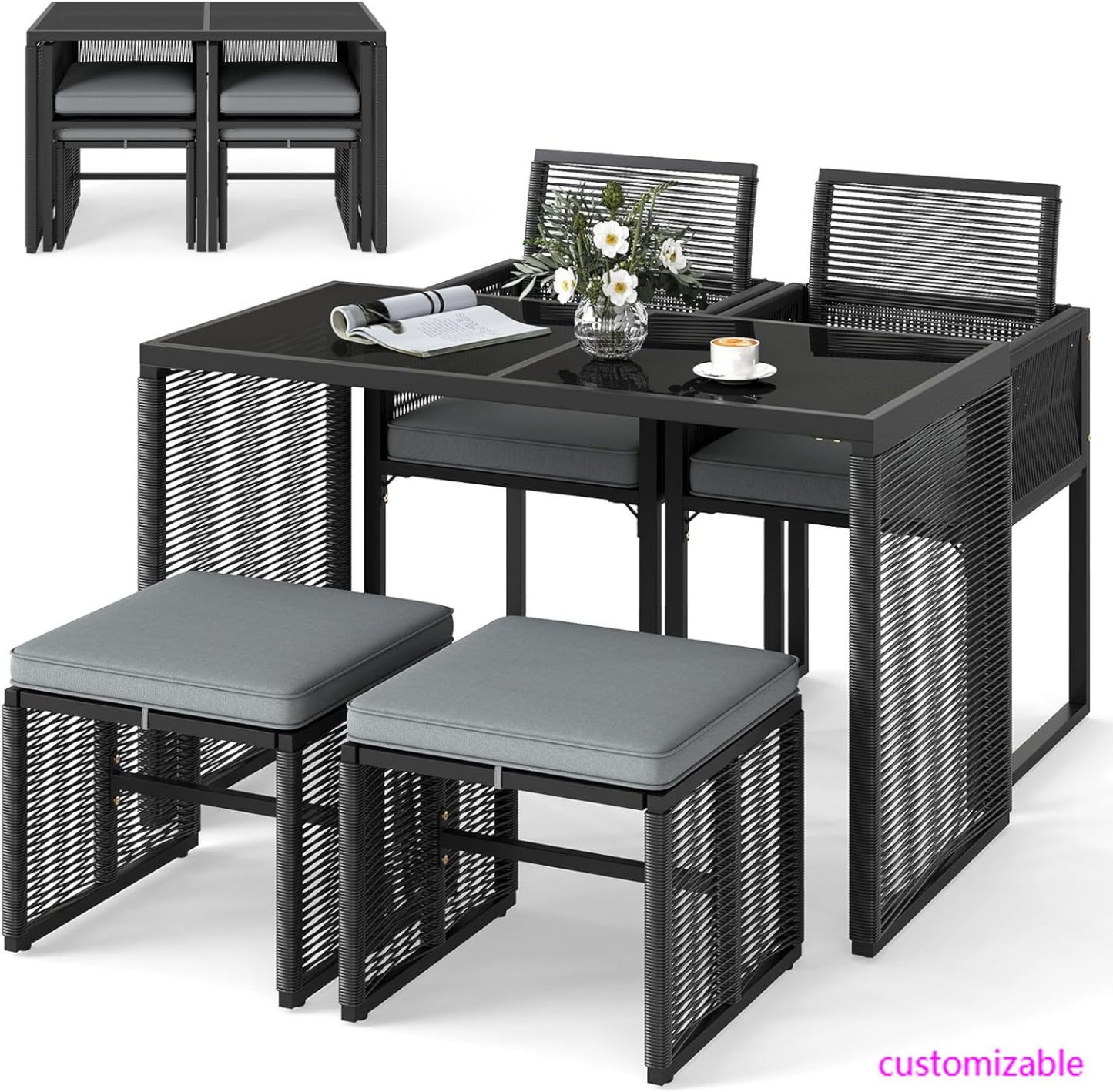 Juego de comedor para patio de 5 piezas de mimbre de polietileno, juego de conversación para exteriores con cojines, silla de ratán para patio que ahorra espacio y asiento de cuero templado.