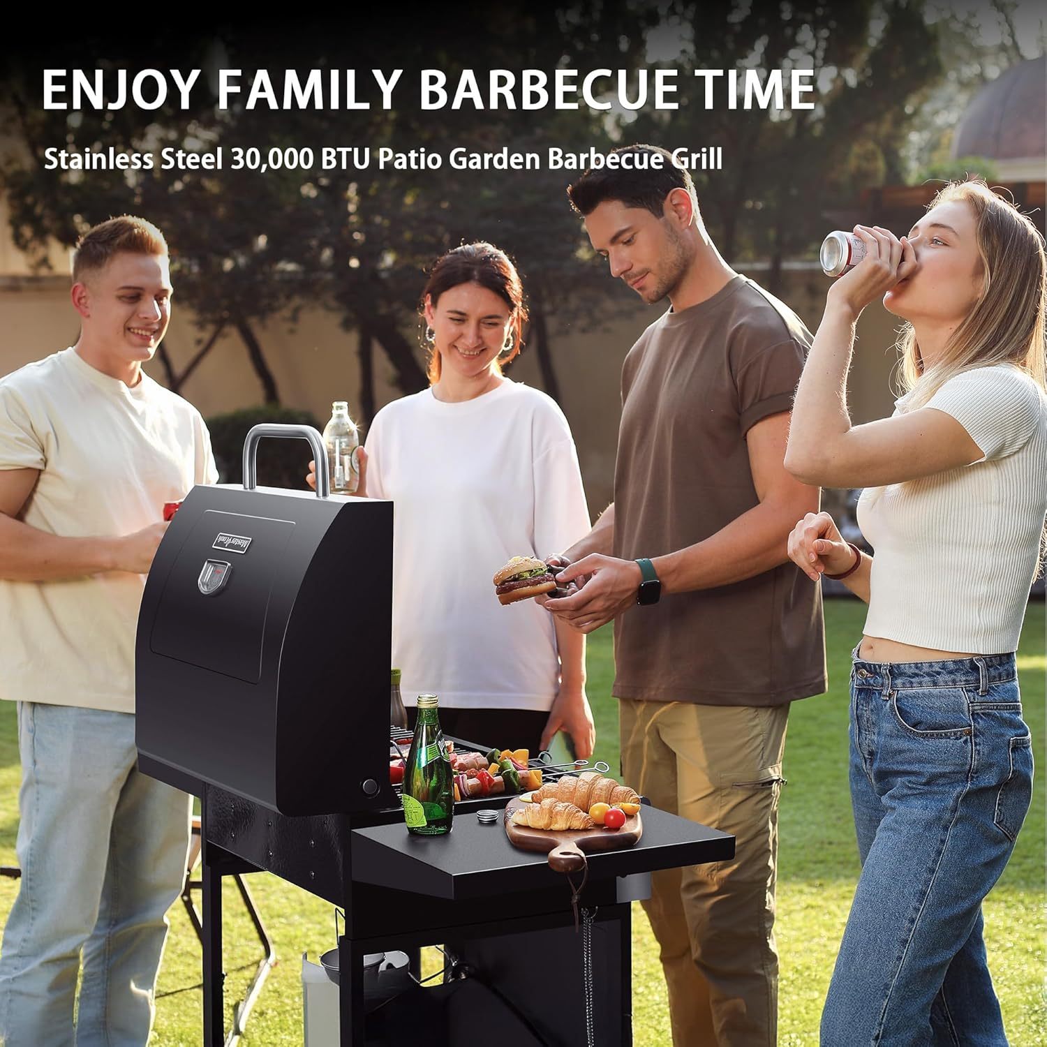 Parrilla de gas propano de 3 quemadores, acero inoxidable, 30,000 BTU, para patio, con estantes plegables