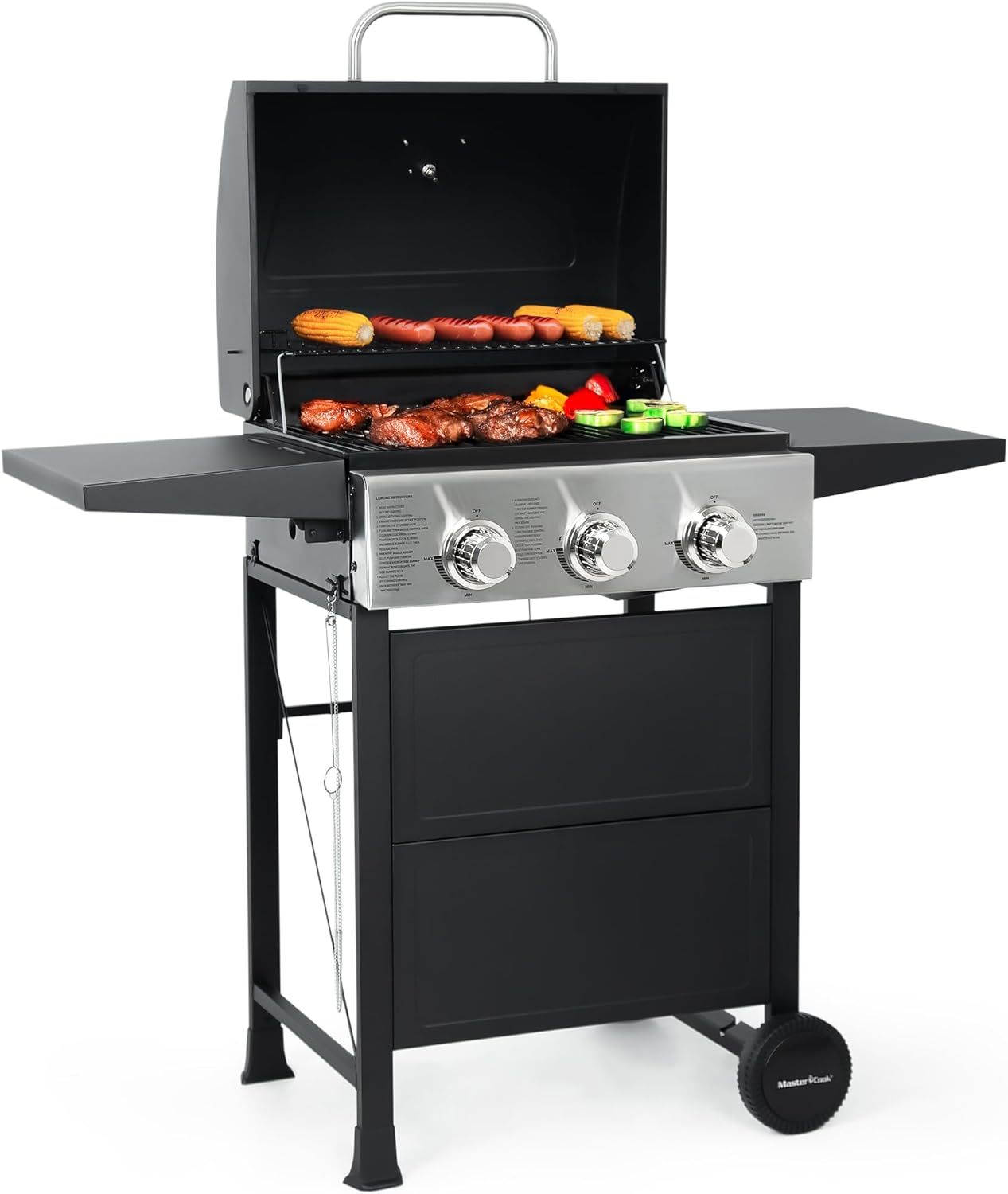 Parrilla de gas propano de 3 quemadores, acero inoxidable, 30,000 BTU, para patio, con estantes plegables