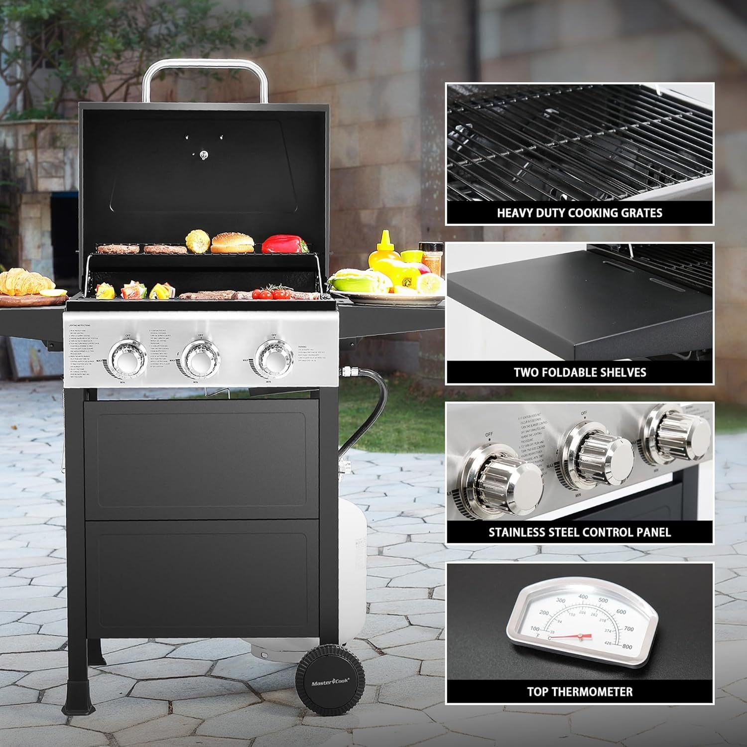 Parrilla de gas propano de 3 quemadores, acero inoxidable, 30,000 BTU, para patio, con estantes plegables