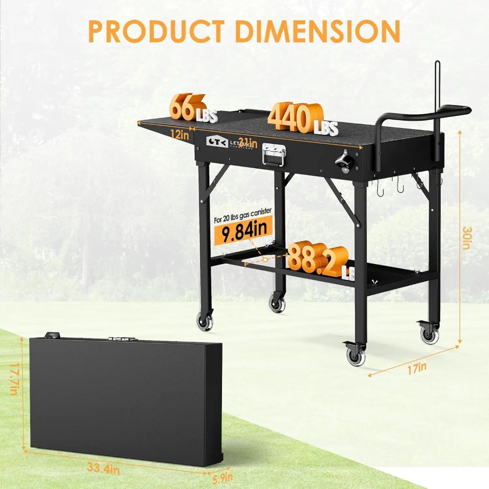 Carrito de parrilla portátil para exteriores con ruedas, mesa plegable para planchas de 17 a 22 pulgadas, estación de preparación de barbacoa con bandeja para condimentos