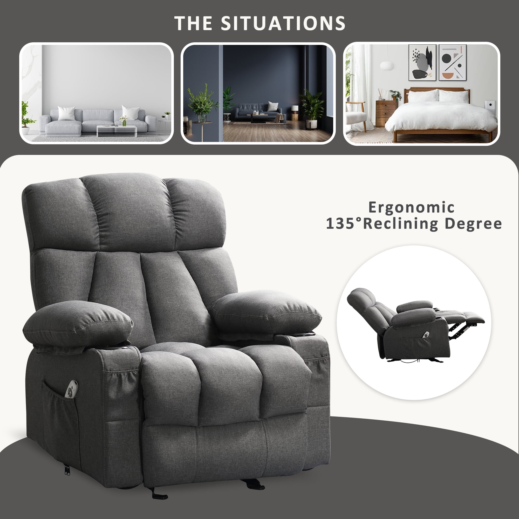 Sillón reclinable manual con terapia de calor y función de masaje, sillón de masaje con mecanismo reclinable de alta resistencia