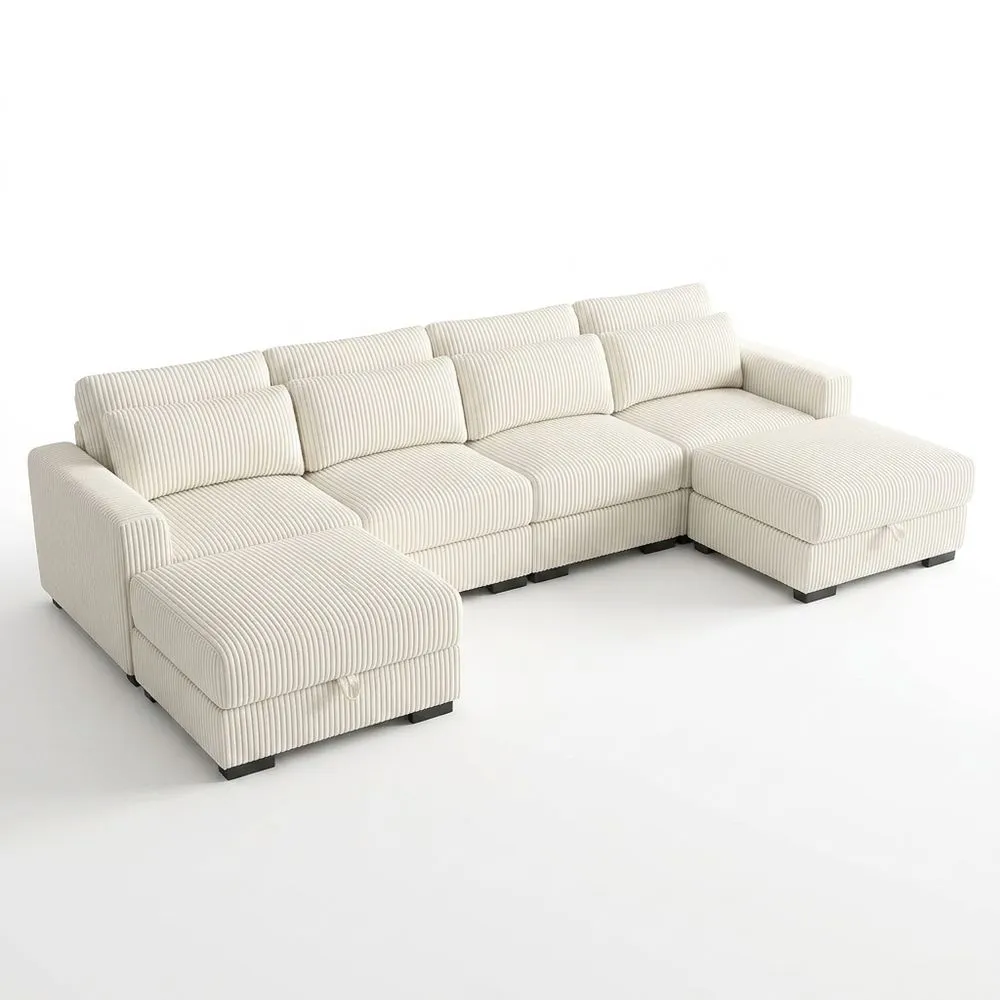 Sofá Esquinero de 4 Plazas con Almacenamiento, Forma de U, Tela de Corderoy, Incluye Cojines-Villanestchic