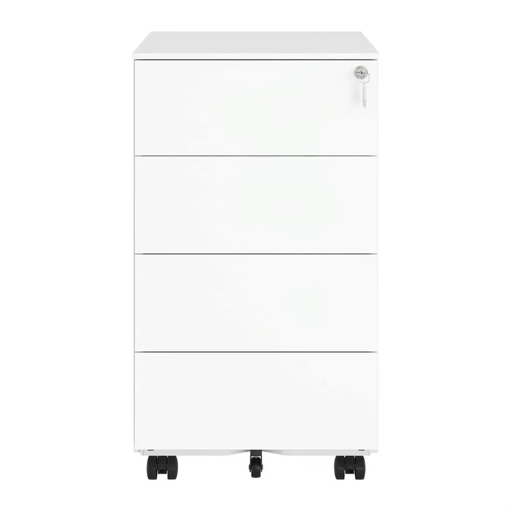 Armario de Archivo Móvil con Cerradura, 4 Cajones, para Oficina y Hogar, 45 x 39 x 69 cm, Blanco Mate-Villanestchic