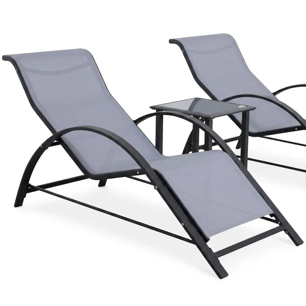 Conjunto de 2 tumbonas reclinables para exterior con mesa auxiliar de vidrio-Villanestchic