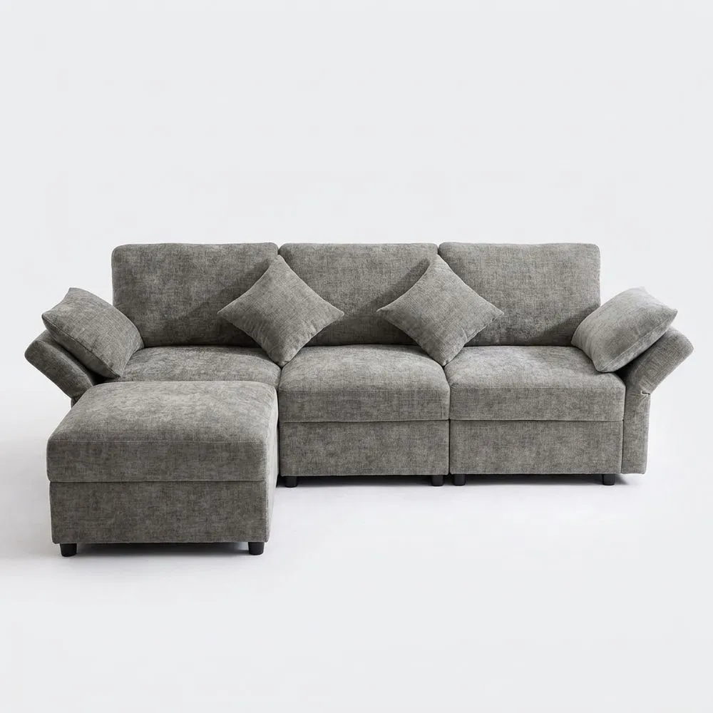 Sofá Cama Convertible Esquinero en Forma de L con Reposapiés y Almohadas de Chenilla-Villanestchic