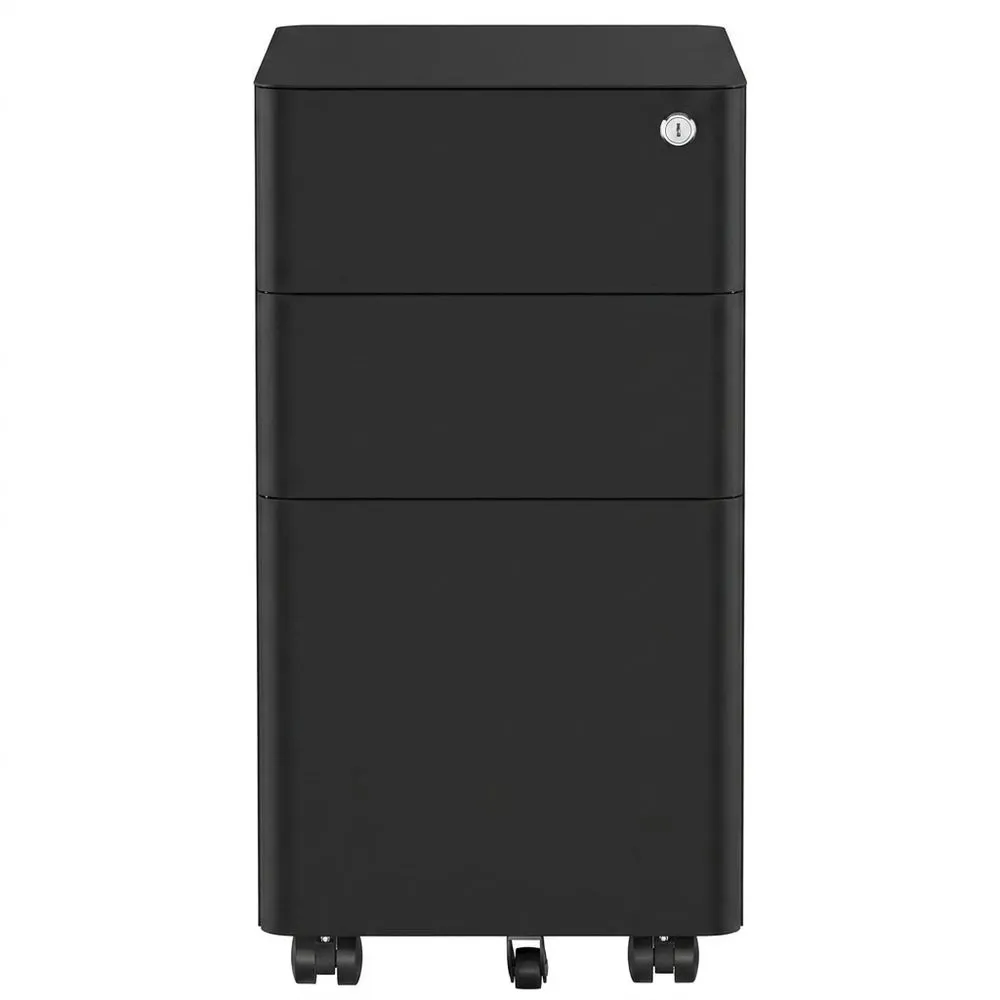 Cajonera Móvil de Oficina con 3 Cajones y Ruedas, Archivador Metálico con Cerradura para Cartas/A4, Negro-Villanestchic
