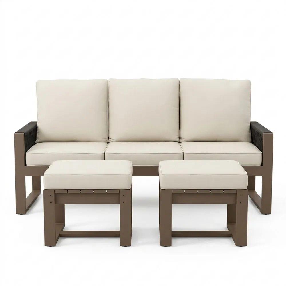 Sofa-Set Aluminium 3-Sitzer mit Kissen und Hocker Beige