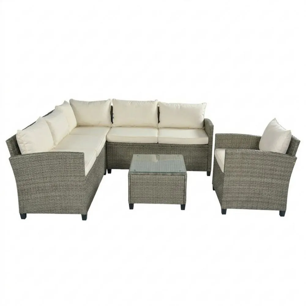 Rattan Ecksofa Set mit Tisch Glas Beige