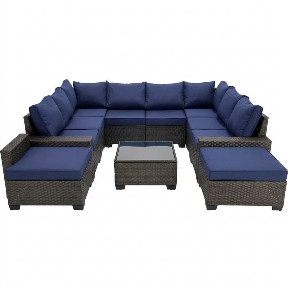 Garten-Loungeset aus Polyethylen-Rattan mit blauen Polyesterkissen und Tisch mit Glasplatte
