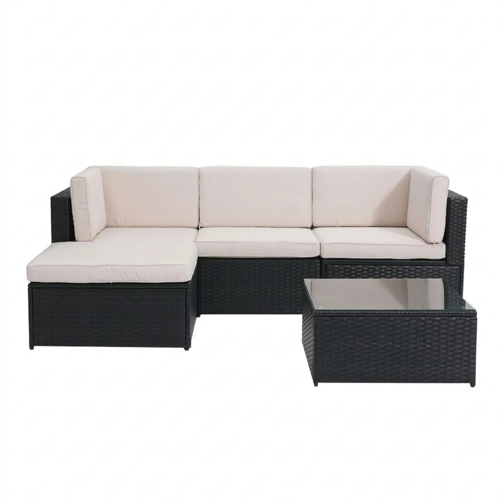 Ecksofa-Set aus Polyrattan Schwarz/Beige