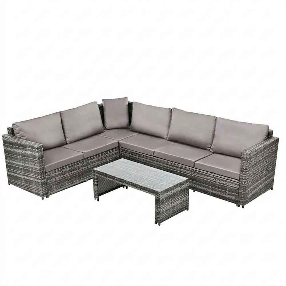Garten-Lounge-Set Ecksofa aus Polyrattan, Grau mit Kissen
