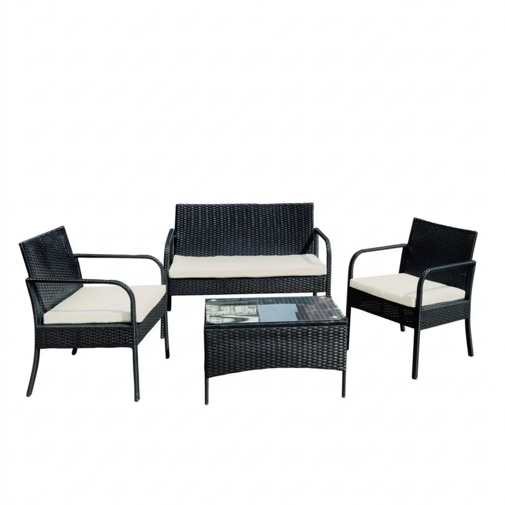 4-teiliges Rattan-Garten-Loungeset mit Stahlrahmen und Glastisch
