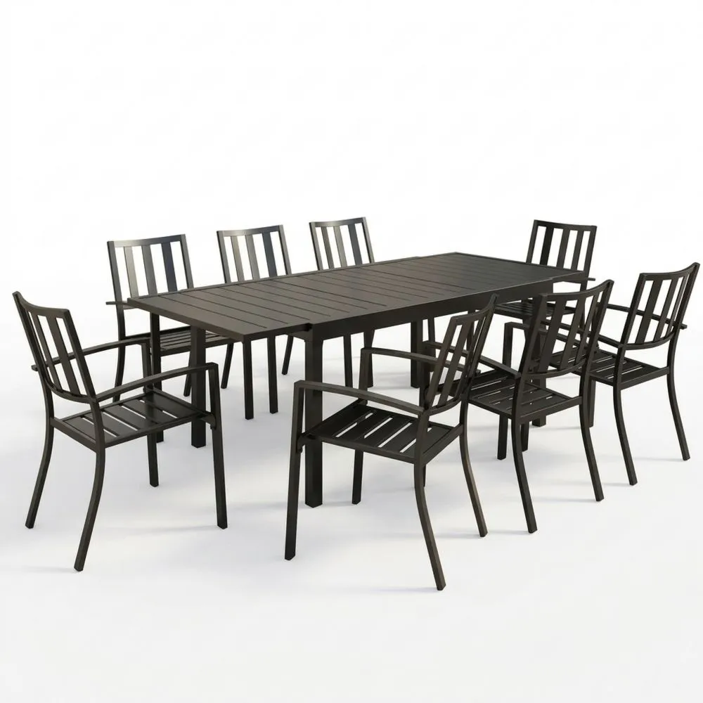 Schwarzes Aluminium-Garten-Essgruppen-Set mit Tisch und 8 Stühlen