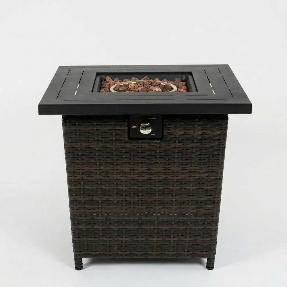 Feuertisch aus Stahl und Polyrattan für den Außenbereich, Dunkelbraun
