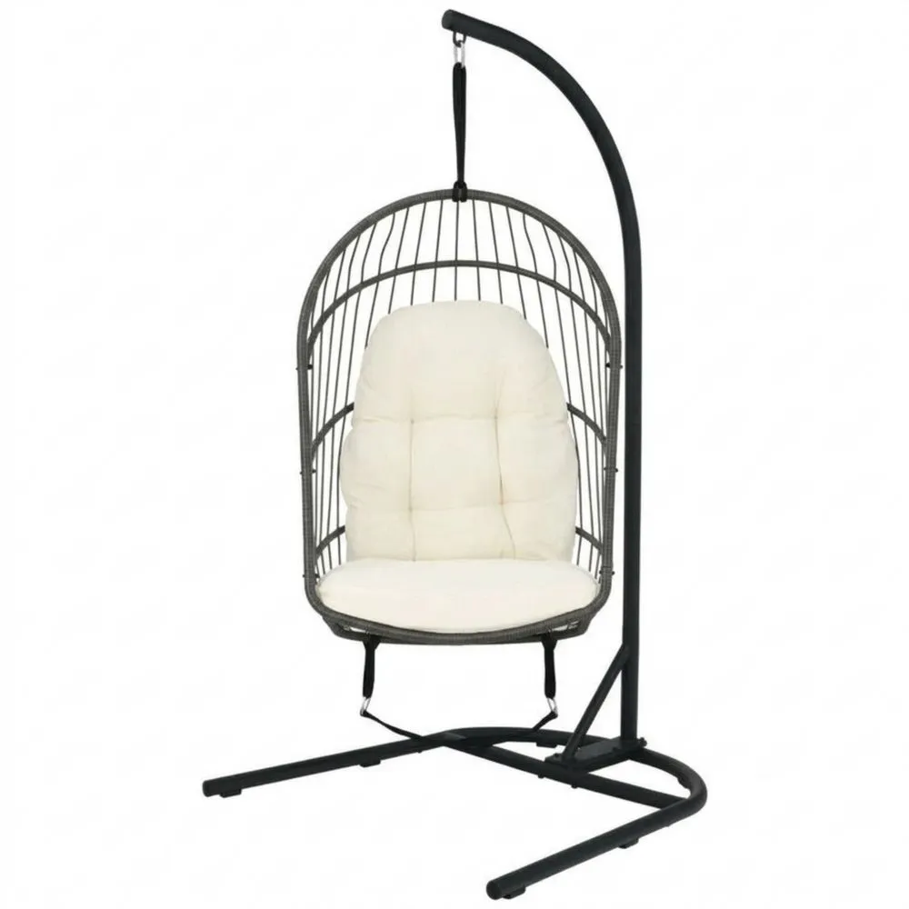 Hängesessel Stahlrahmen, PE-Rattan mit Gestell und Kissen, Beige