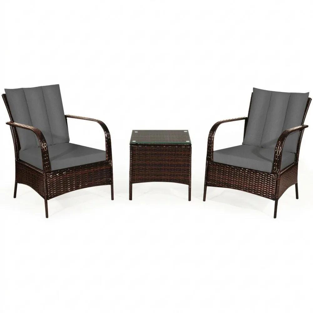 Rattan-Garten-Loungeset mit Glastisch in Braun/Grau