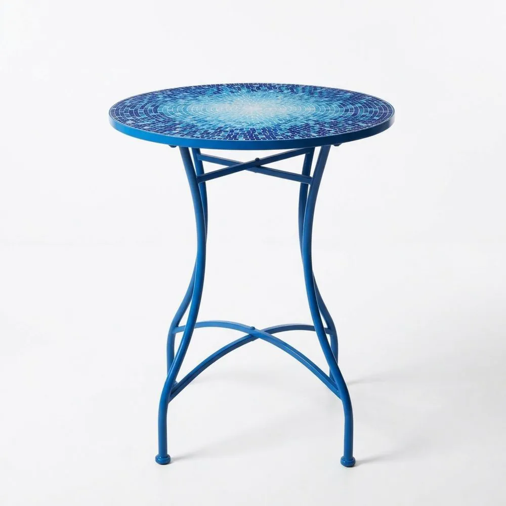 Runder Beistelltisch aus Stahl mit Keramik-Mosaik, Blau, Ø 60 cm