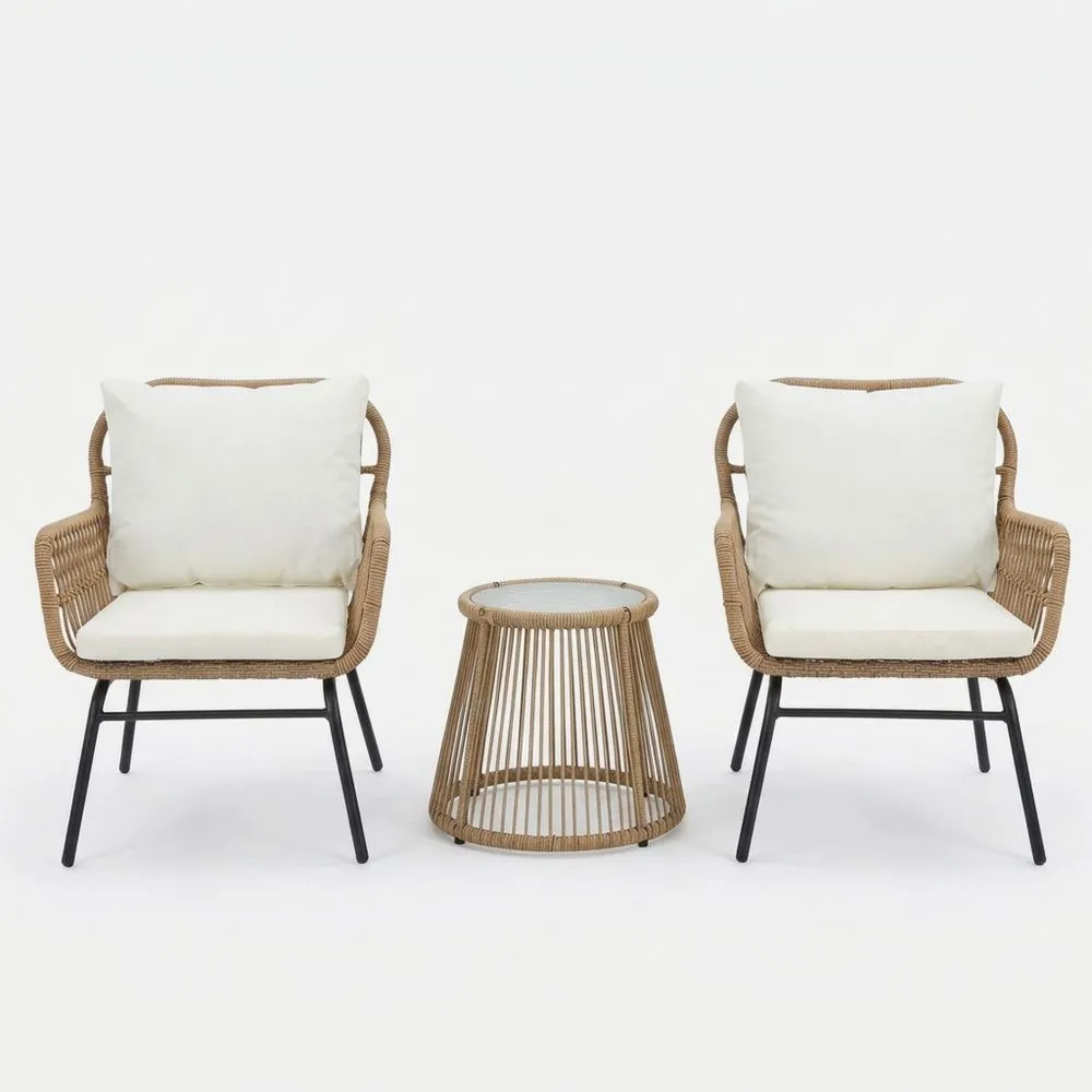 Rattan-Garten-Loungeset mit Glas-Beistelltisch