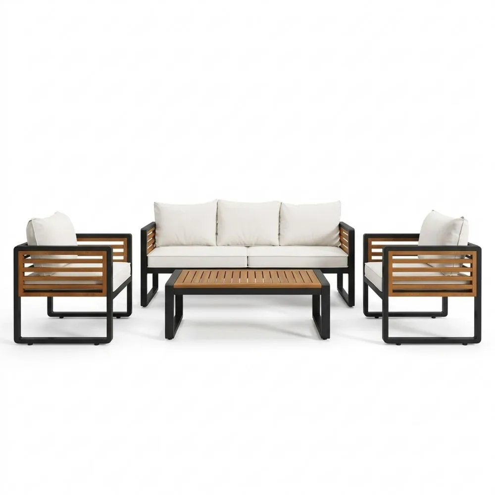 Gartenmöbel-Set Aluminium Teakholz Sofa mit Kissen und Tisch Beige