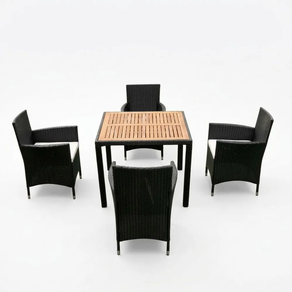 Garten-Essgruppe aus Rattan mit Teakholztisch und 4 Stühlen in Schwarz