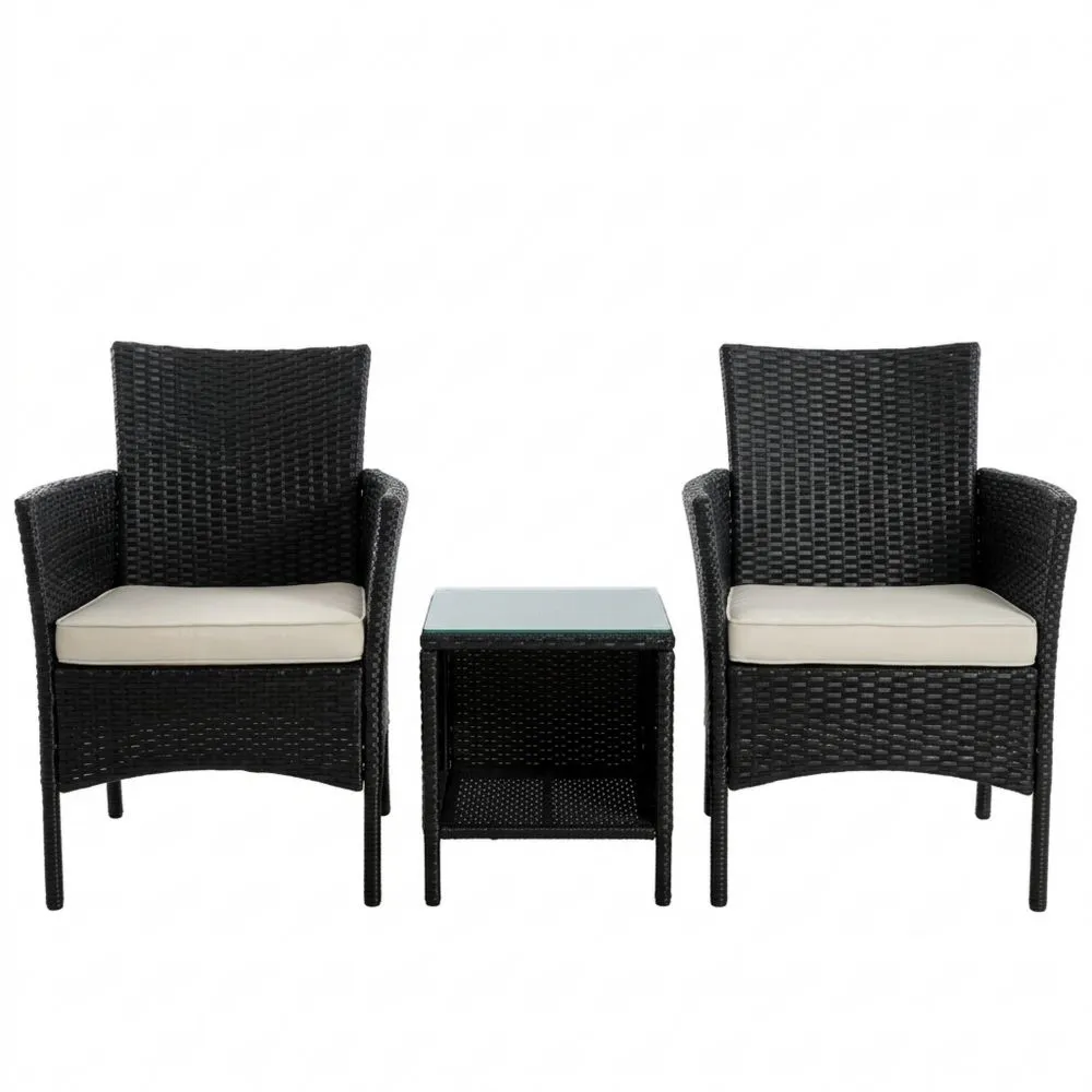 Rattanmöbel-Set mit 2 Stühlen und Tisch, Schwarz/Beige