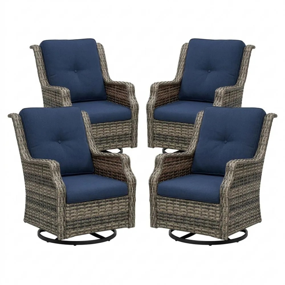 4-teiliges Set Rattan-Dreh-Loungesessel mit blauen Kissen