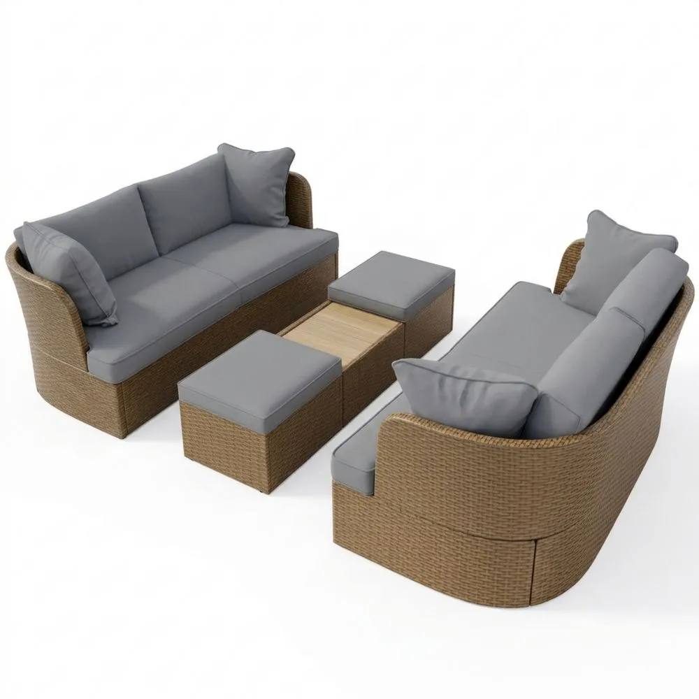 Garten-Loungeset aus Rattan mit Polyesterkissen in Grau/Braun