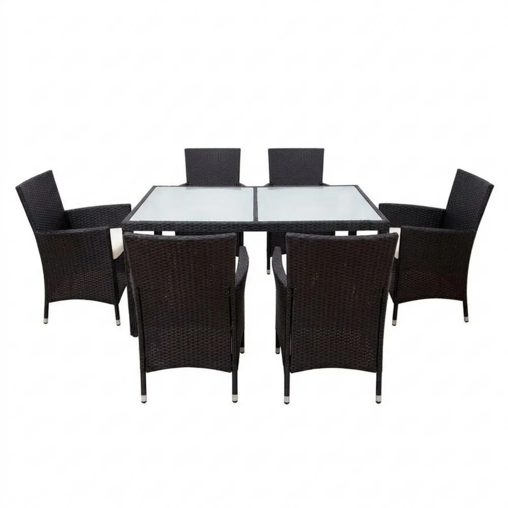 7-teiliges Gartenmöbel-Set aus Rattan mit Esstisch, 6 Stühlen und Glasplatte
