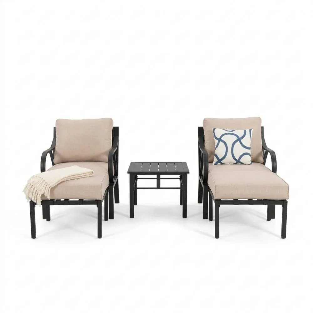 3-teiliges Garten-Loungeset mit Aluminiumstühlen und Tisch in Beige/Schwarz