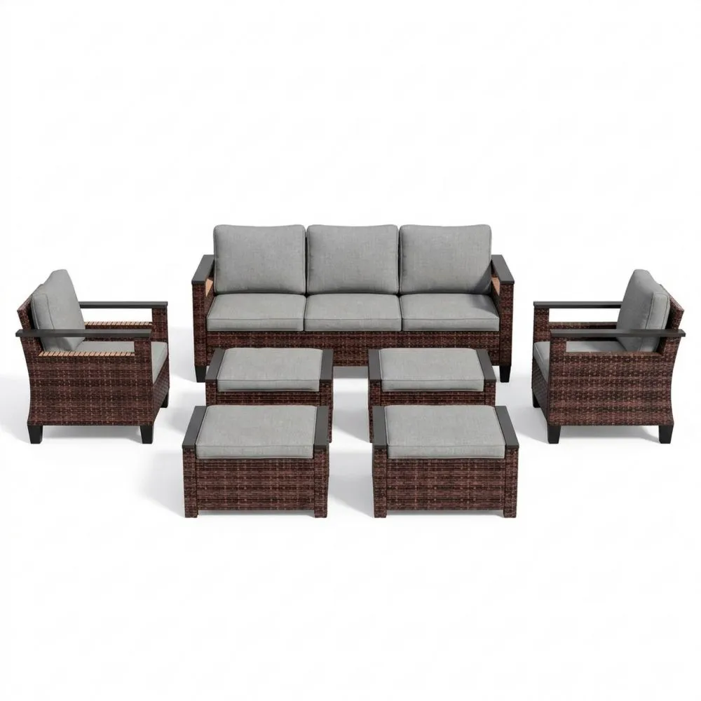 7-teilige Polyrattan-Garten-Loungesitzgruppe aus Aluminium in Grau/Braun