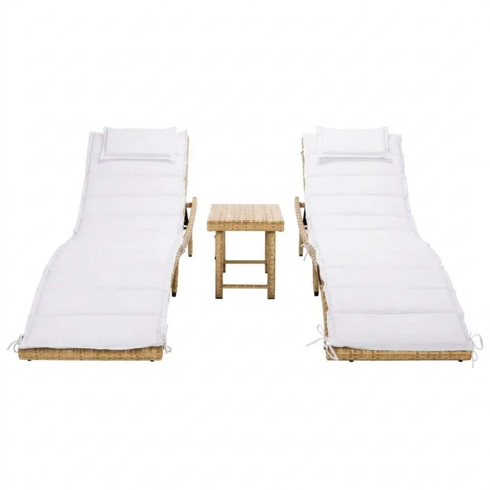 Rattan-Gartenliegen-Set mit Tisch und Kissen, Weiß/Natur