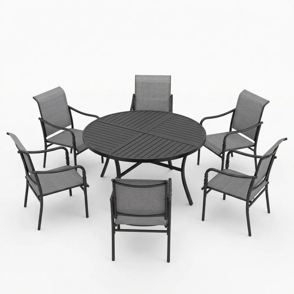 Garten-Essgruppe mit rundem Tisch Ø150 cm und 6 Stühlen aus Aluminium/Textilene in Schwarz/Grau