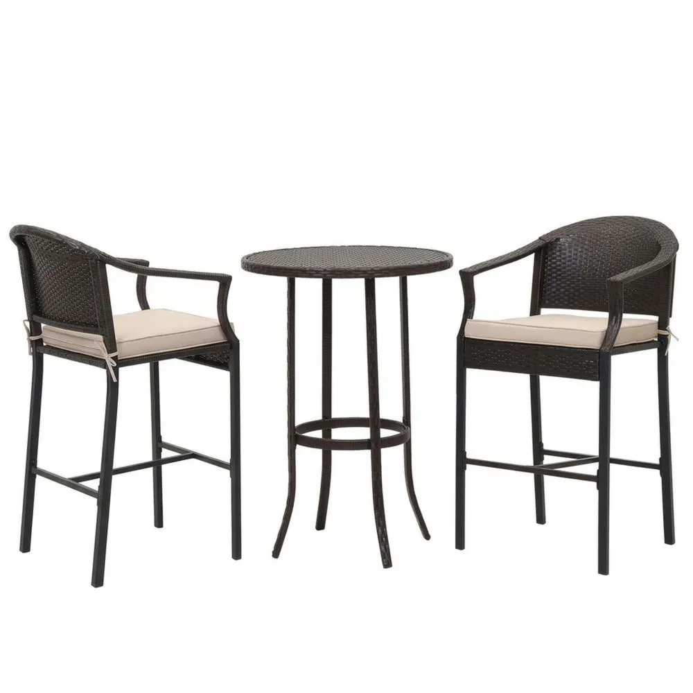 3-teiliges Balkonset aus Stahl und Polyethylen mit Tisch Ø 60 cm (Höhe 75 cm), Beige/Schwarz