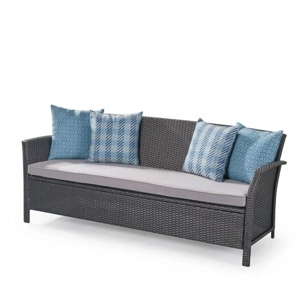 Outdoor 3-Sitzer Rattan Sofa mit Polyesterkissen Grau Blau