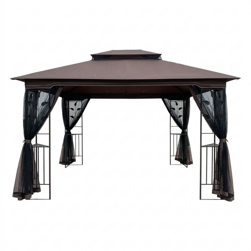 Stahl-Pavillon mit Netzvorhängen in Braun, 3×3×2,6 m (L×B×H)