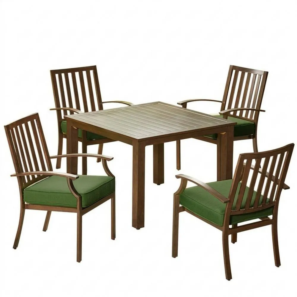 5-tlg. Essgruppe aus Hartholz mit grünen Kissen