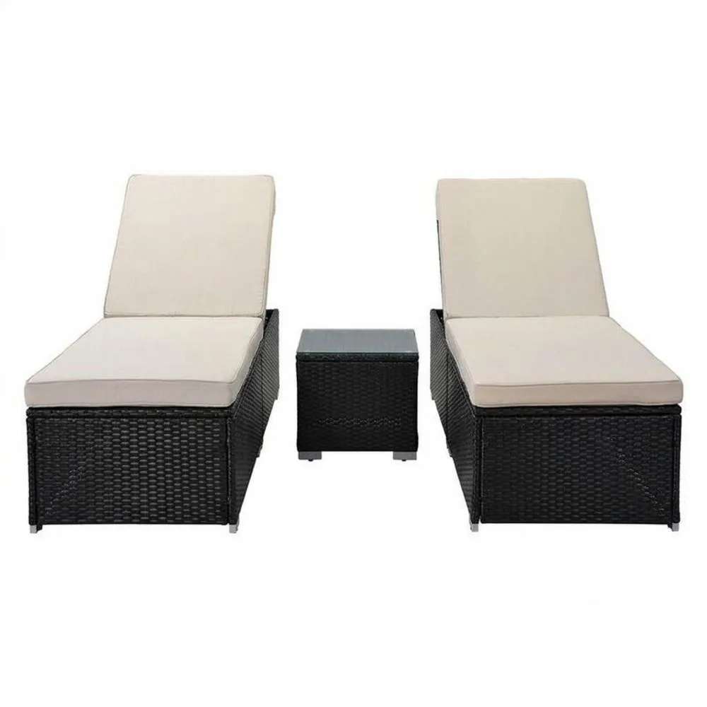 Polyrattan-Sonnenliegen-Set mit Tisch Sicherheitsglas Schwarz Creme