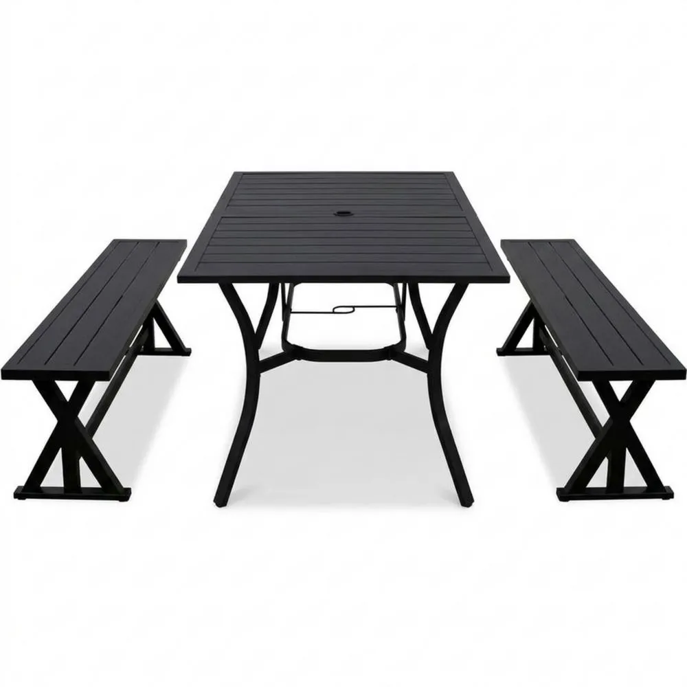 Garten-Essgruppe aus Aluminium mit Tisch und 2 Bänken, Schwarz