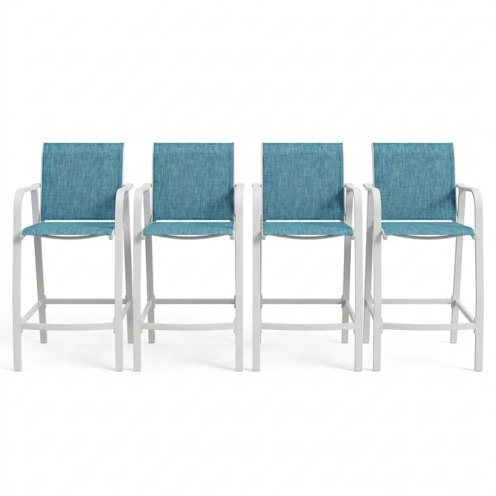 4er-Set Barhocker aus Aluminium und Textilene in Weiß/Türkis