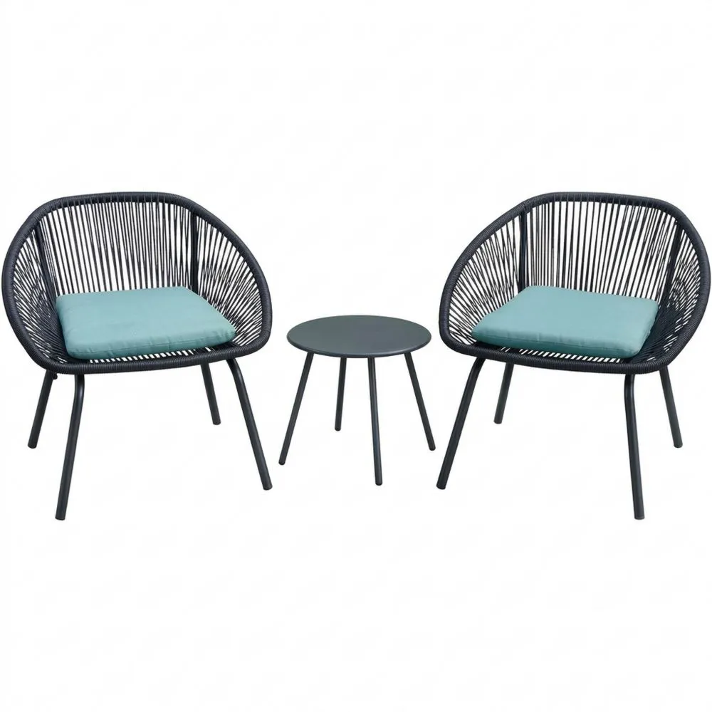 3-teiliges Garten-Loungeset aus Stahl und PE-Rattan mit Polyesterkissen in Schwarz/Mint
