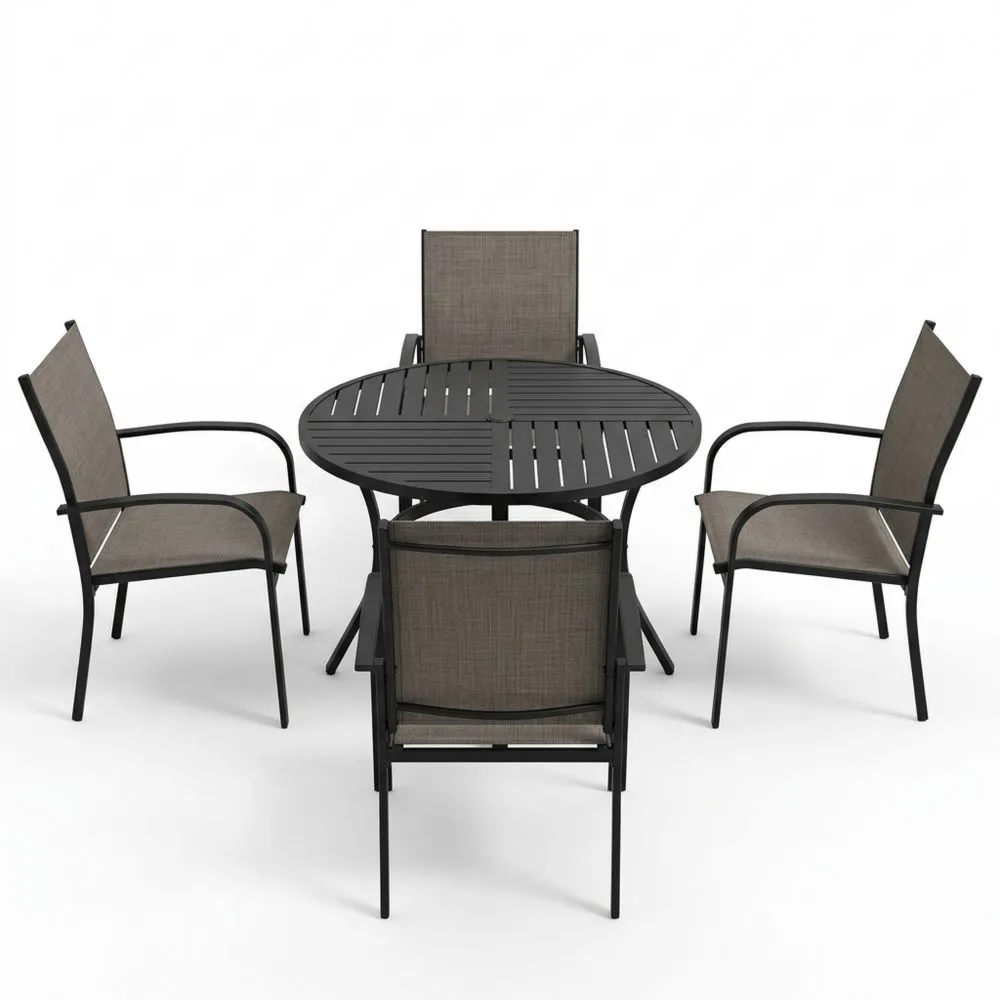 Aluminium-Rundtisch-Set mit Textilene-Stühlen, Schwarz/Braun