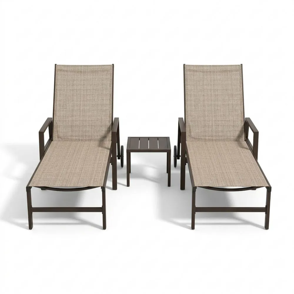 2er-Set Sonnenliegen mit Tisch aus Aluminium und Textilene, Braun/Beige