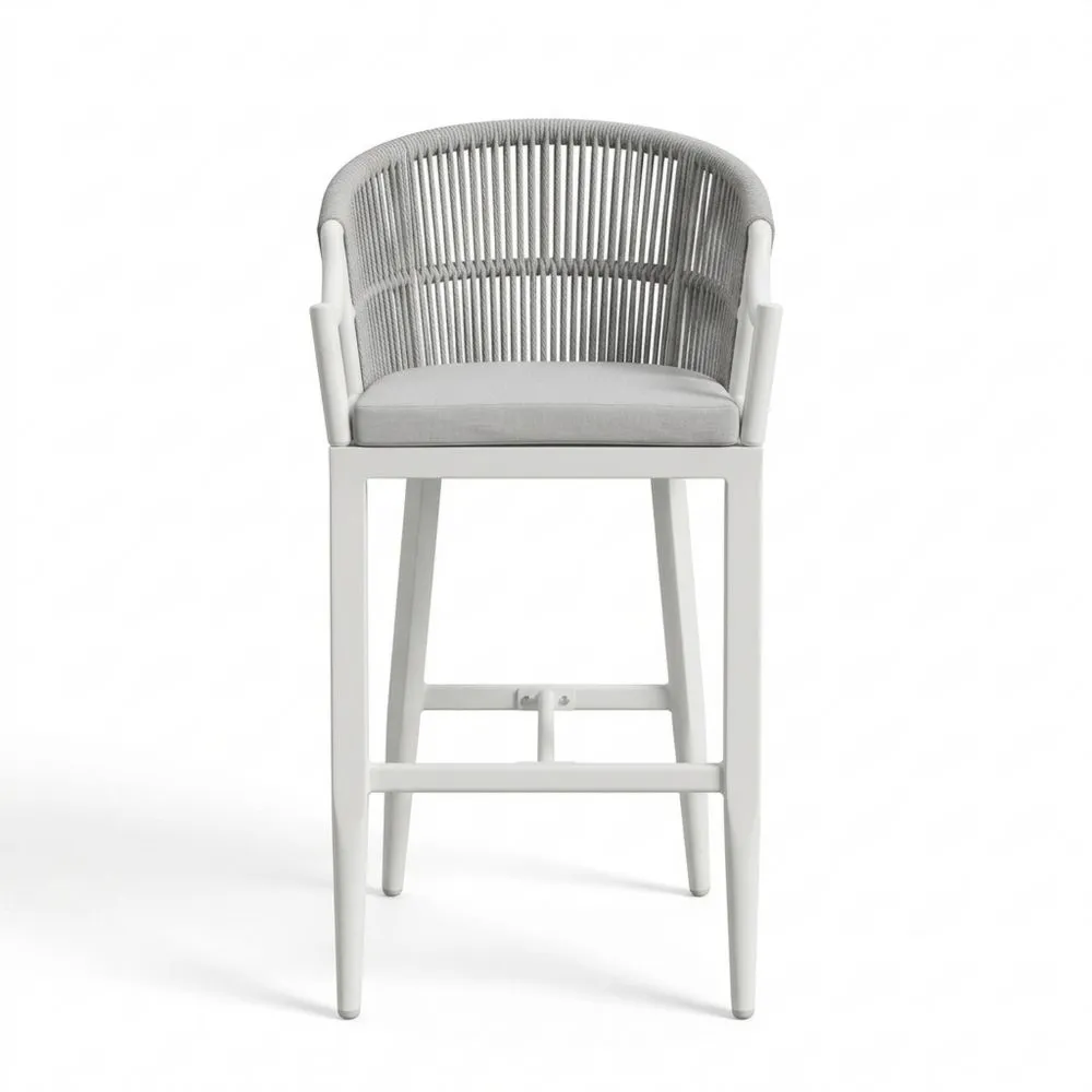 Barstuhl mit Aluminiumrahmen und Polyesterseilgeflecht in Grau und Weiß