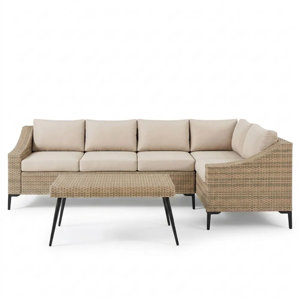 Ecksofa-Set aus Rattan mit Tisch und Aluminiumrahmen in Beige